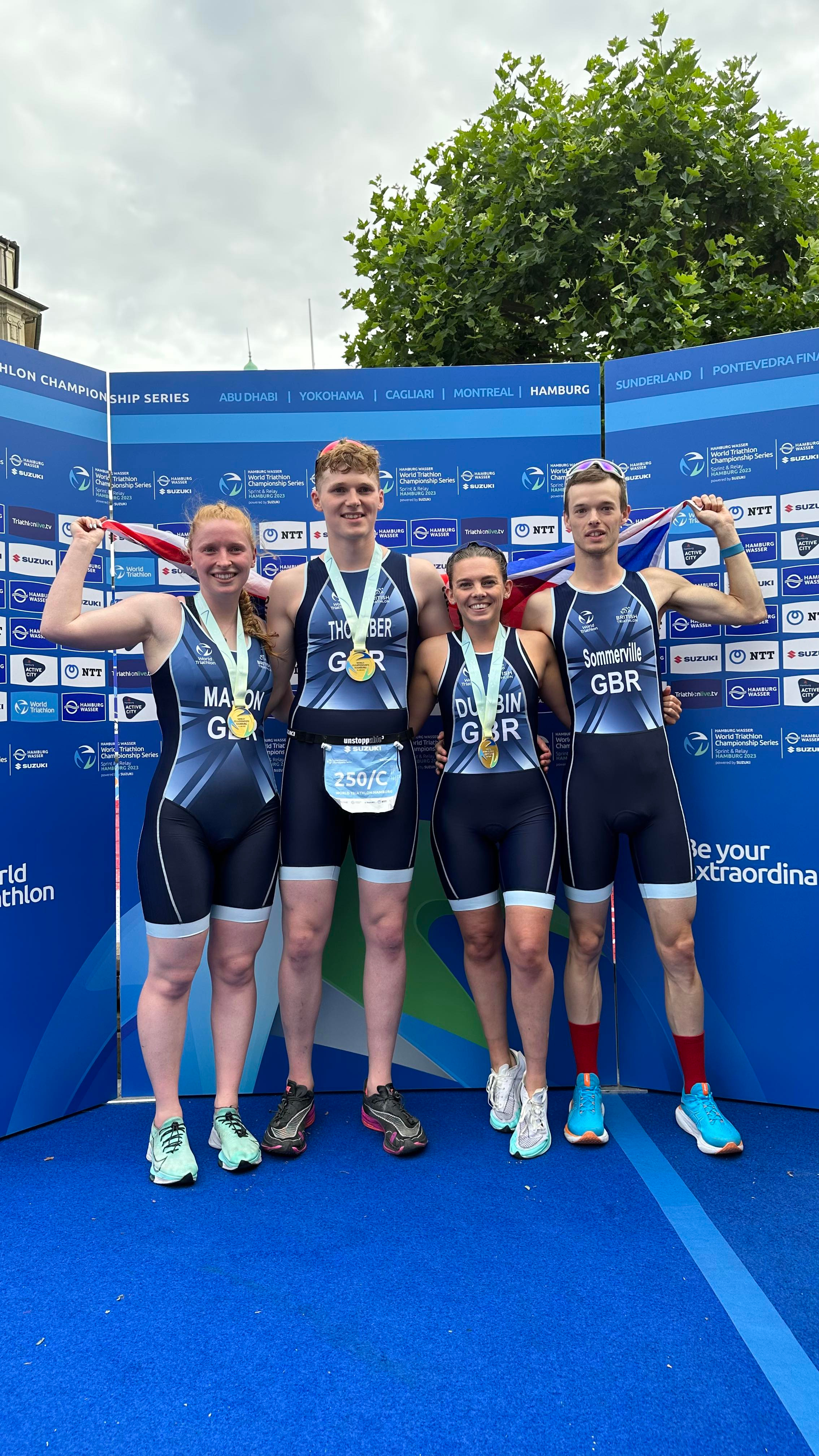 Ben with three Great Britain teammates after the World Triathlon Championship in Hamburg.